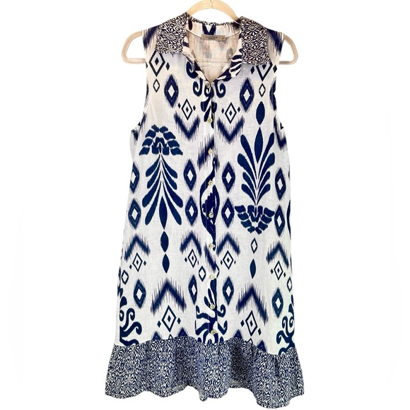 Luisa Perla Dresses & Skirts - Luisa Perla 100% Linen Dress Sleeveless Blue White Ikat Print Resort Chic Sz S